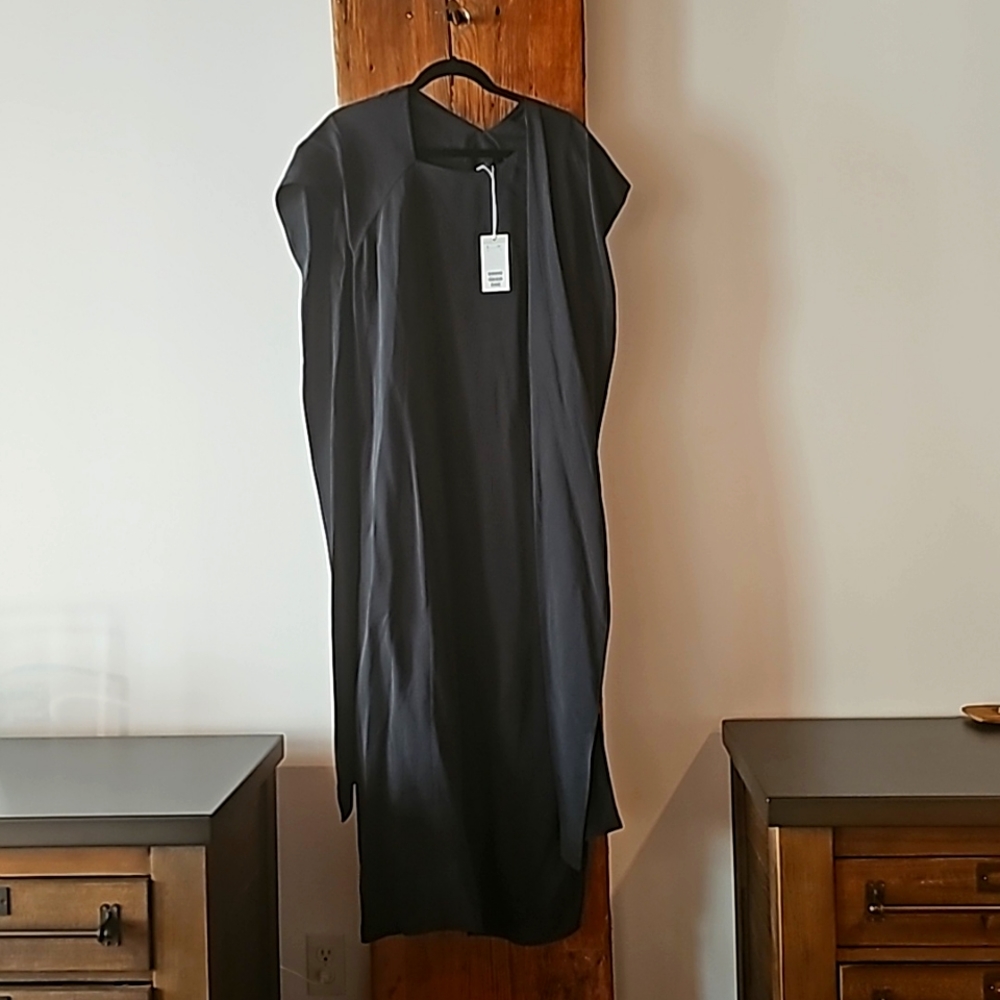 NWT COS Sz 14 Black Silky long sleeveless dress attached scarf cowl sheath L XL